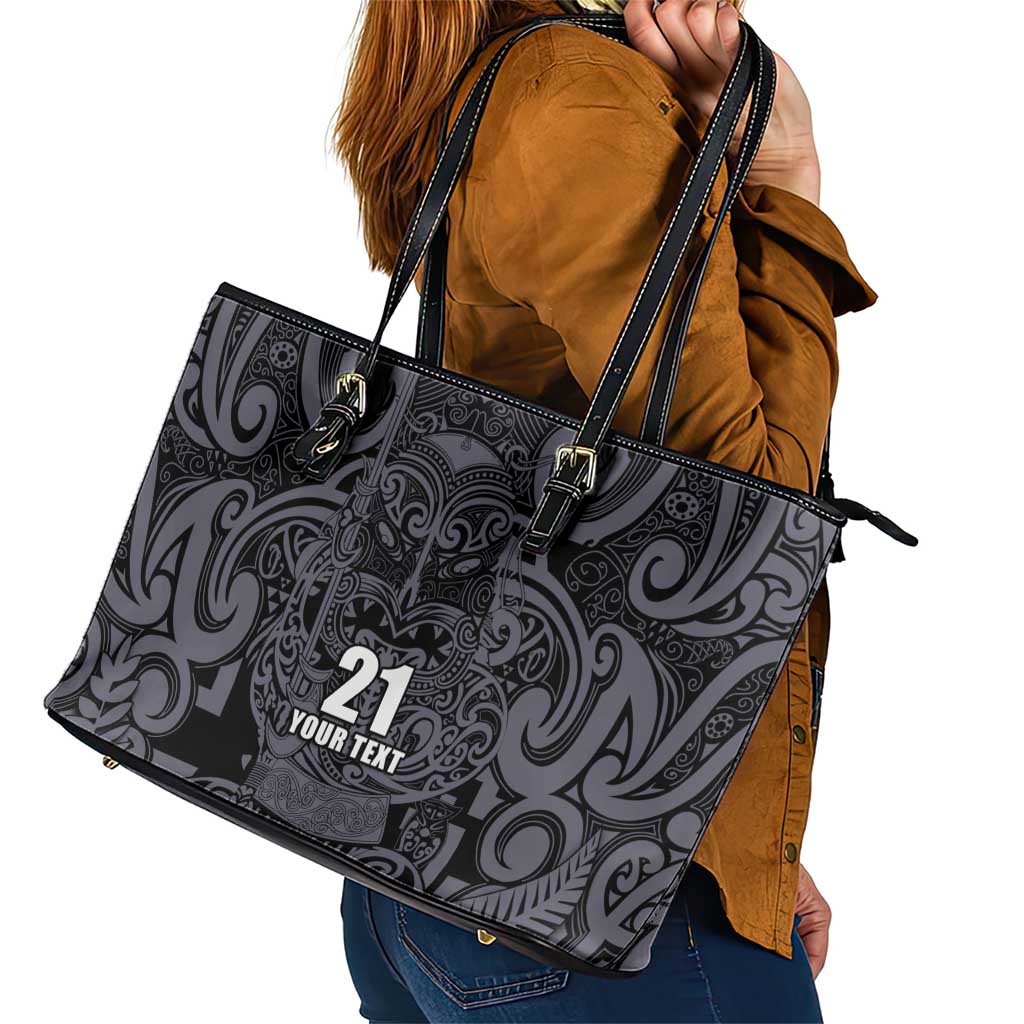 Custom New Zealand Taiaha Maori Leather Tote Bag Minimalist Silver Fern All Black - Polynesian Pride