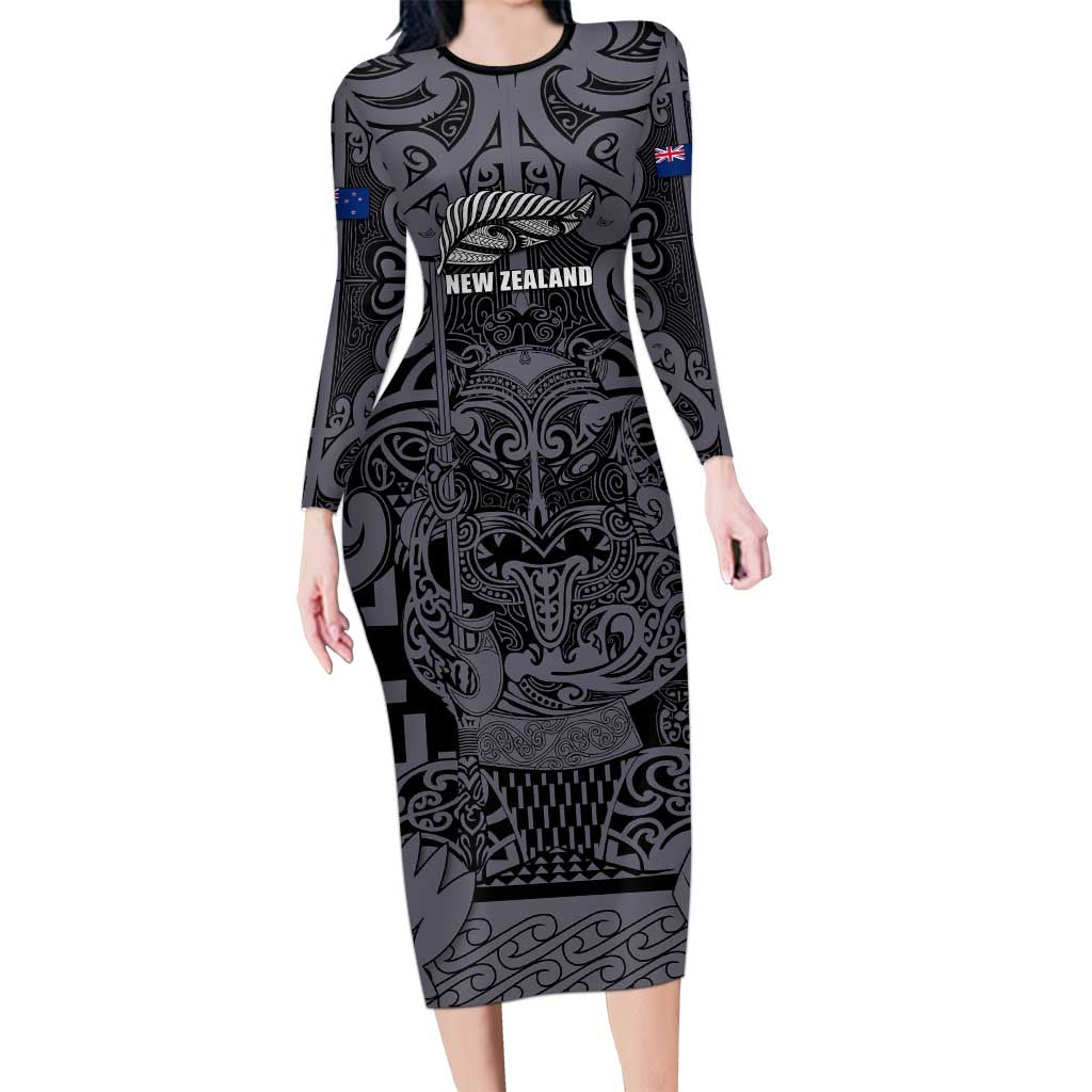 Custom New Zealand Taiaha Maori Long Sleeve Bodycon Dress Minimalist Silver Fern All Black - Polynesian Pride