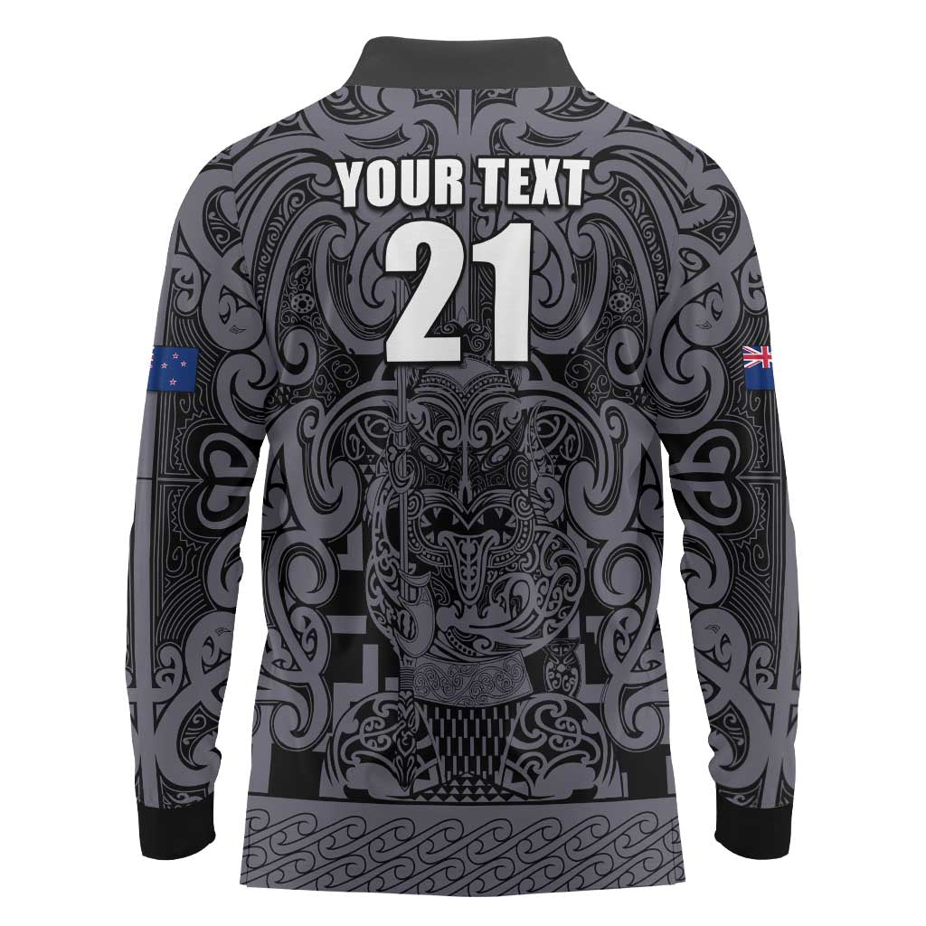 Custom New Zealand Taiaha Maori Long Sleeve Polo Shirt Minimalist Silver Fern All Black LT9 - Polynesian Pride