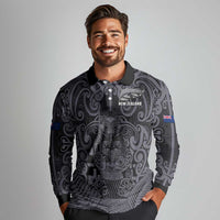 Custom New Zealand Taiaha Maori Long Sleeve Polo Shirt Minimalist Silver Fern All Black LT9 - Polynesian Pride