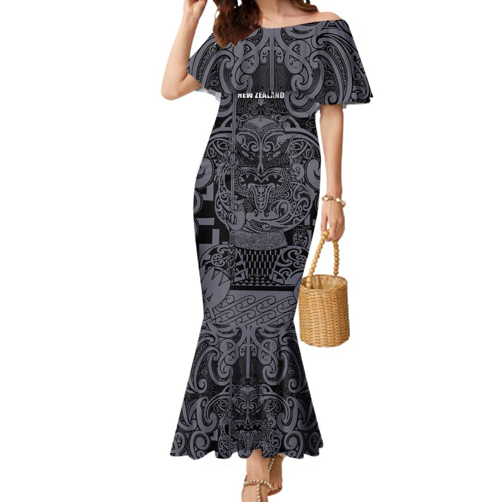 Custom New Zealand Taiaha Maori Mermaid Dress Minimalist Silver Fern All Black - Polynesian Pride