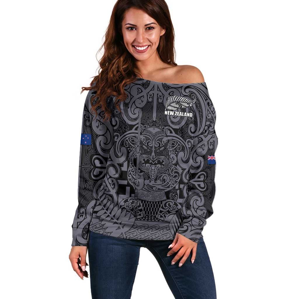 Custom New Zealand Taiaha Maori Off Shoulder Sweater Minimalist Silver Fern All Black - Polynesian Pride