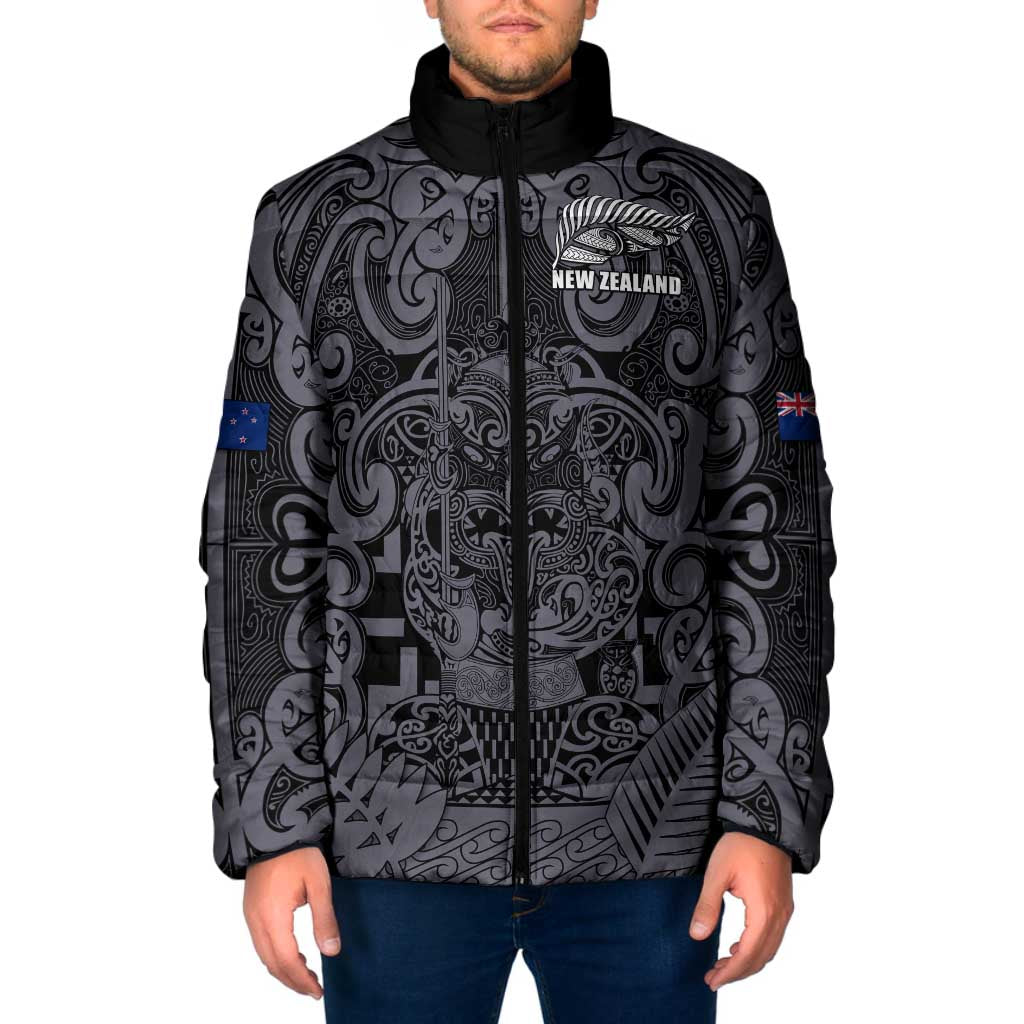 Custom New Zealand Taiaha Maori Padded Jacket Minimalist Silver Fern All Black - Polynesian Pride