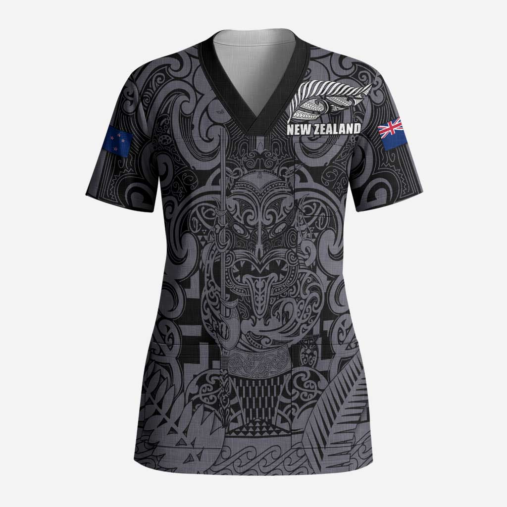 Custom New Zealand Taiaha Maori Scrub Top Minimalist Silver Fern All Black - Polynesian Pride