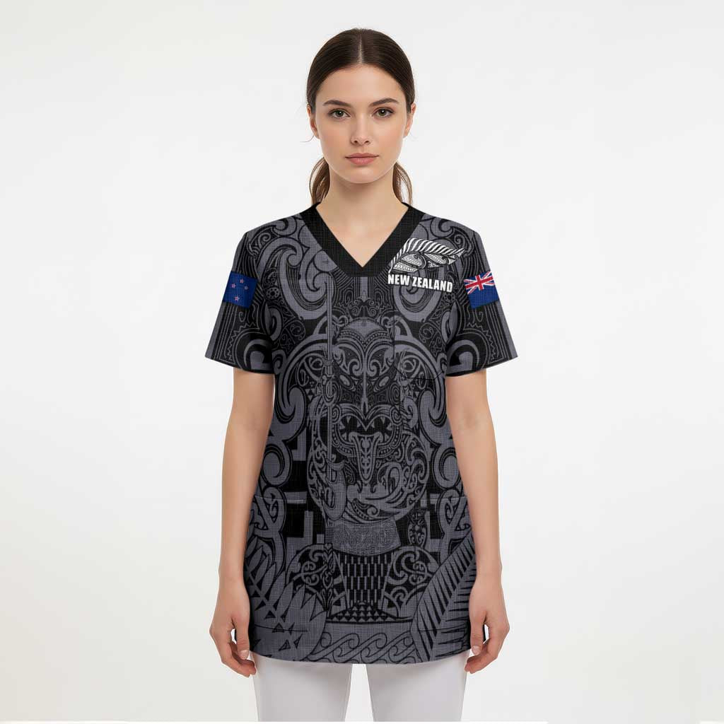 Custom New Zealand Taiaha Maori Scrub Top Minimalist Silver Fern All Black - Polynesian Pride