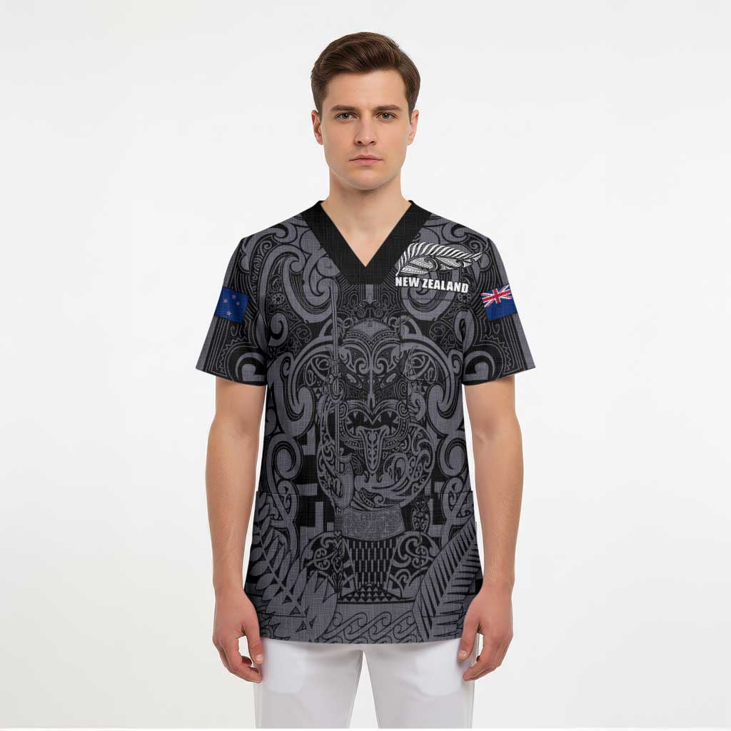 Custom New Zealand Taiaha Maori Scrub Top Minimalist Silver Fern All Black - Polynesian Pride