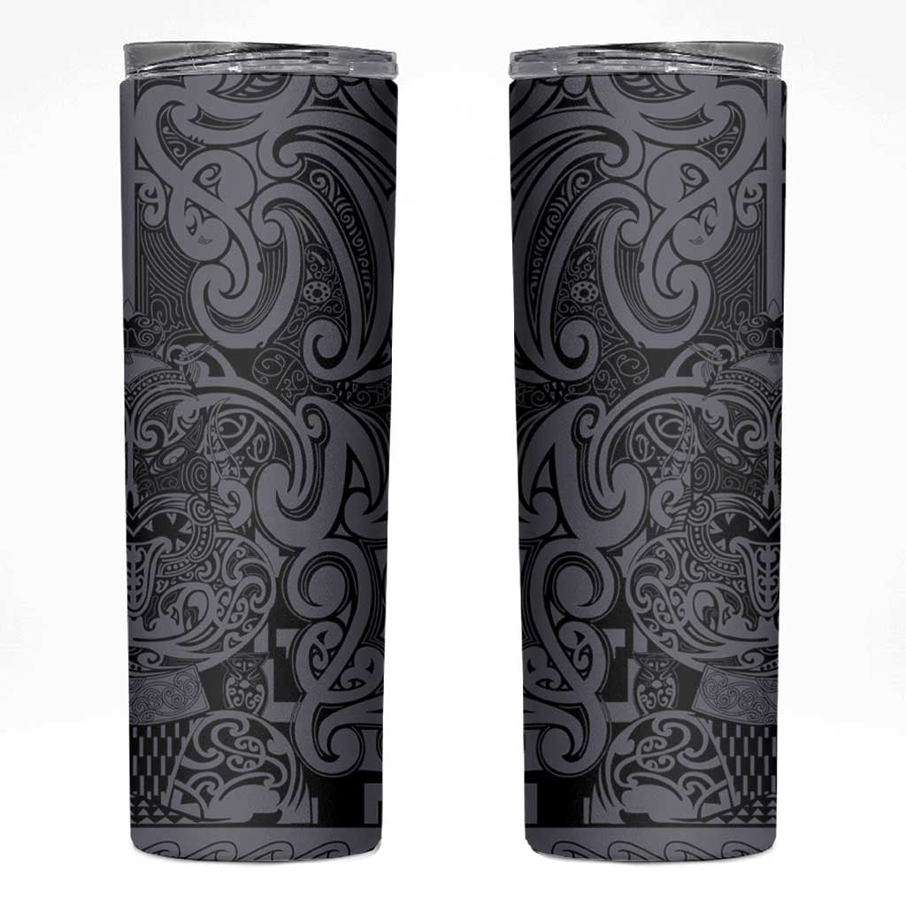 New Zealand Taiaha Maori Skinny Tumbler Minimalist Silver Fern All Black