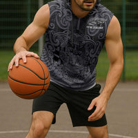 Custom New Zealand Taiaha Maori Sleeveless Hoodie Minimalist Silver Fern All Black - Polynesian Pride