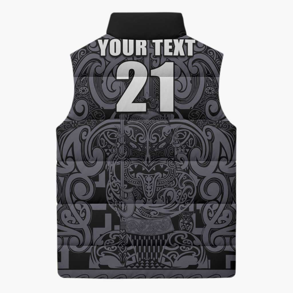 Custom New Zealand Taiaha Maori Sleeveless Puffer Jacket Minimalist Silver Fern All Black - Polynesian Pride