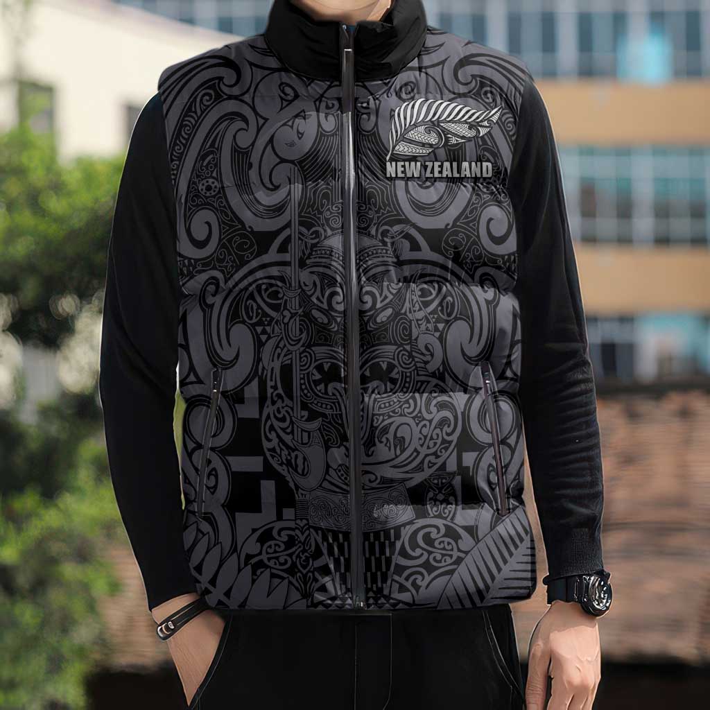 Custom New Zealand Taiaha Maori Sleeveless Puffer Jacket Minimalist Silver Fern All Black - Polynesian Pride
