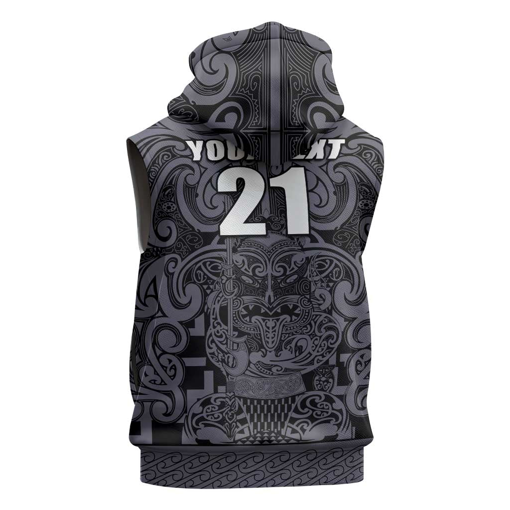 Custom New Zealand Taiaha Maori Sleeveless Zip Hoodie Minimalist Silver Fern All Black - Polynesian Pride