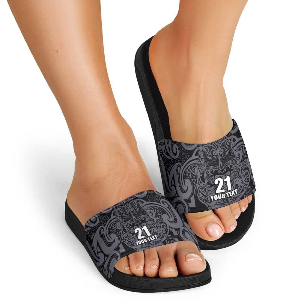 Custom New Zealand Taiaha Maori Slide Sandals Minimalist Silver Fern All Black - Polynesian Pride