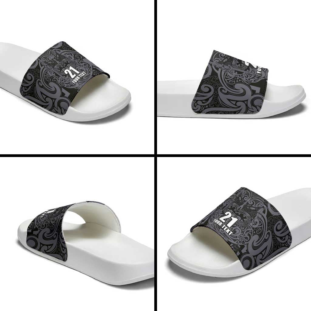 Custom New Zealand Taiaha Maori Slide Sandals Minimalist Silver Fern All Black - Polynesian Pride
