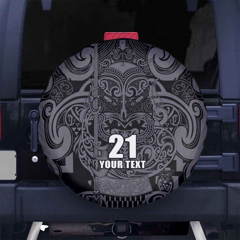 Custom New Zealand Taiaha Maori Spare Tire Cover Minimalist Silver Fern All Black LT9 No hole Black - Polynesian Pride