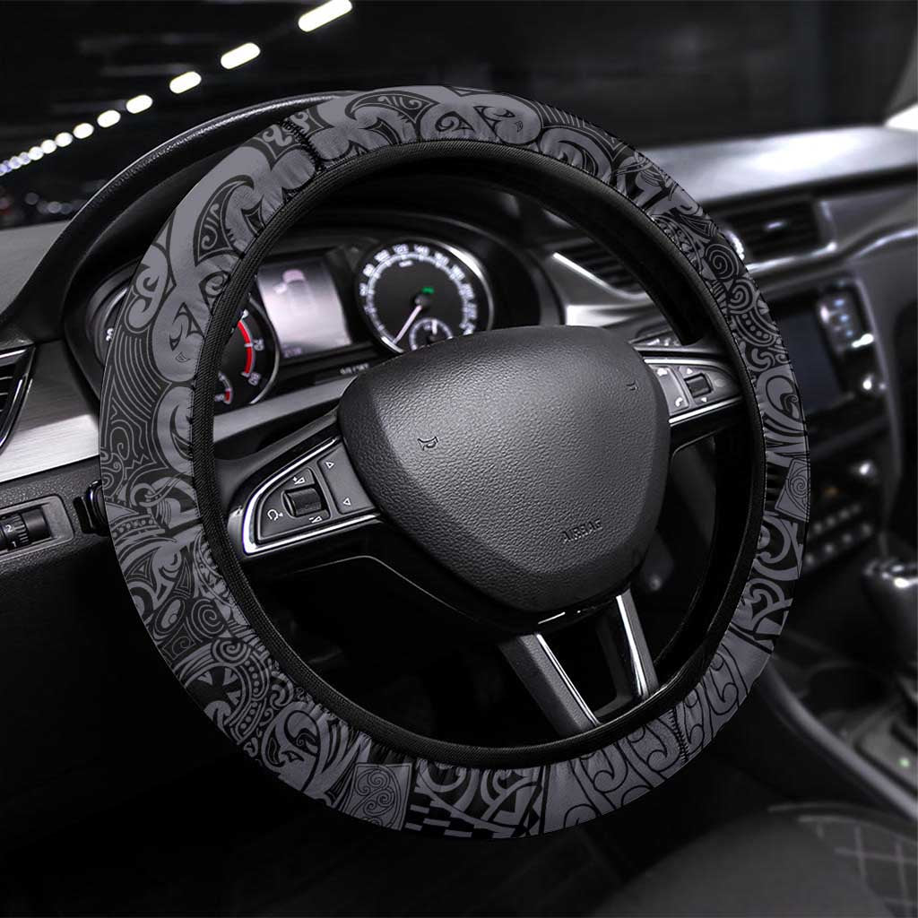 New Zealand Taiaha Maori Steering Wheel Cover Minimalist Silver Fern All Black - Polynesian Pride