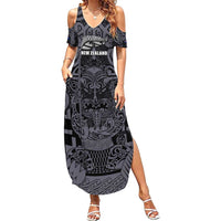 Custom New Zealand Taiaha Maori Summer Maxi Dress Minimalist Silver Fern All Black - Polynesian Pride