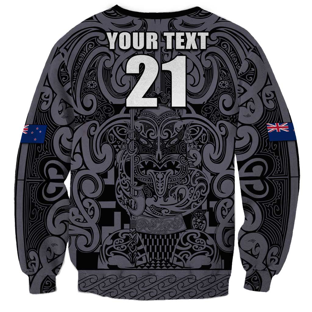 Custom New Zealand Taiaha Maori Sweatshirt Minimalist Silver Fern All Black - Polynesian Pride