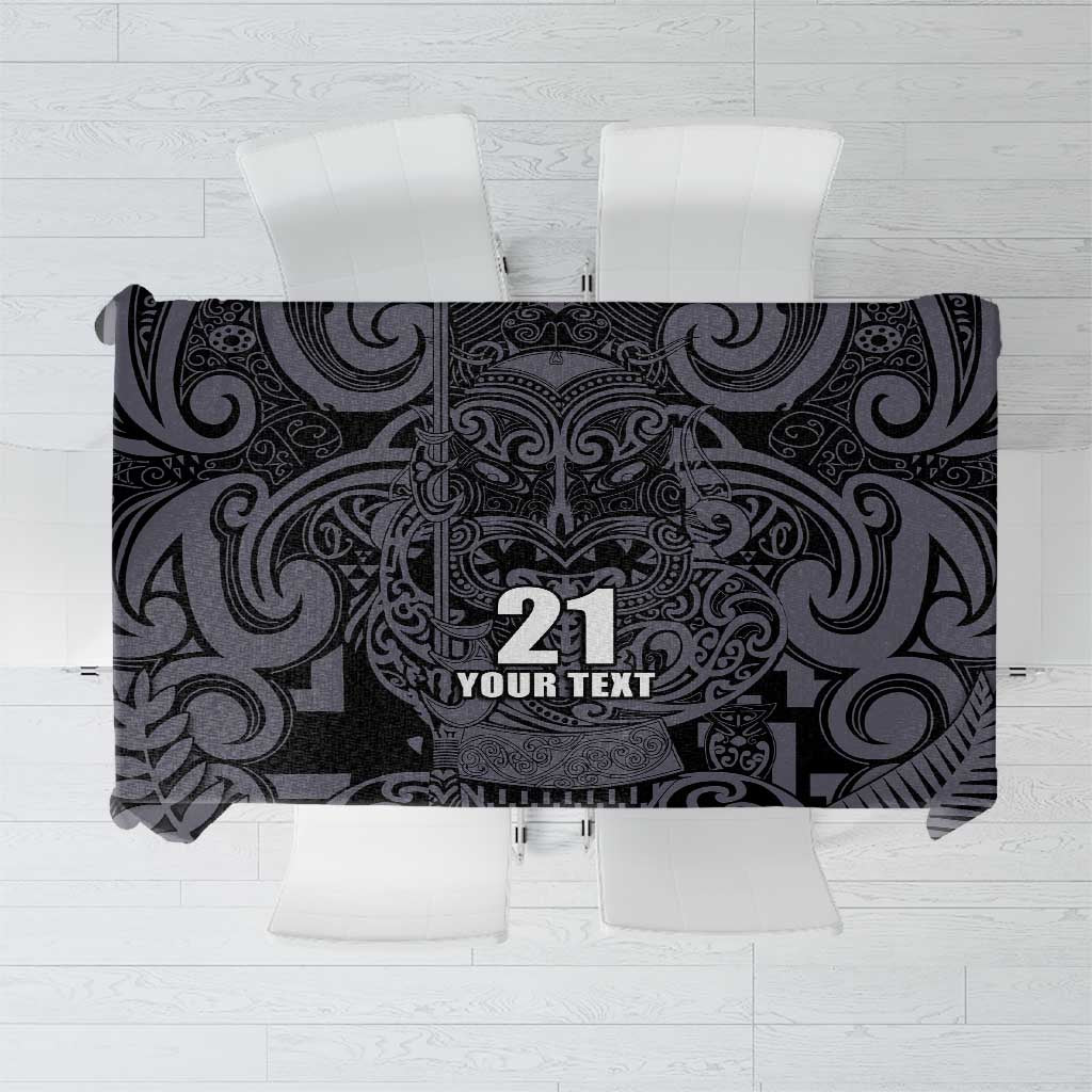 Custom New Zealand Taiaha Maori Tablecloth Minimalist Silver Fern All Black - Polynesian Pride