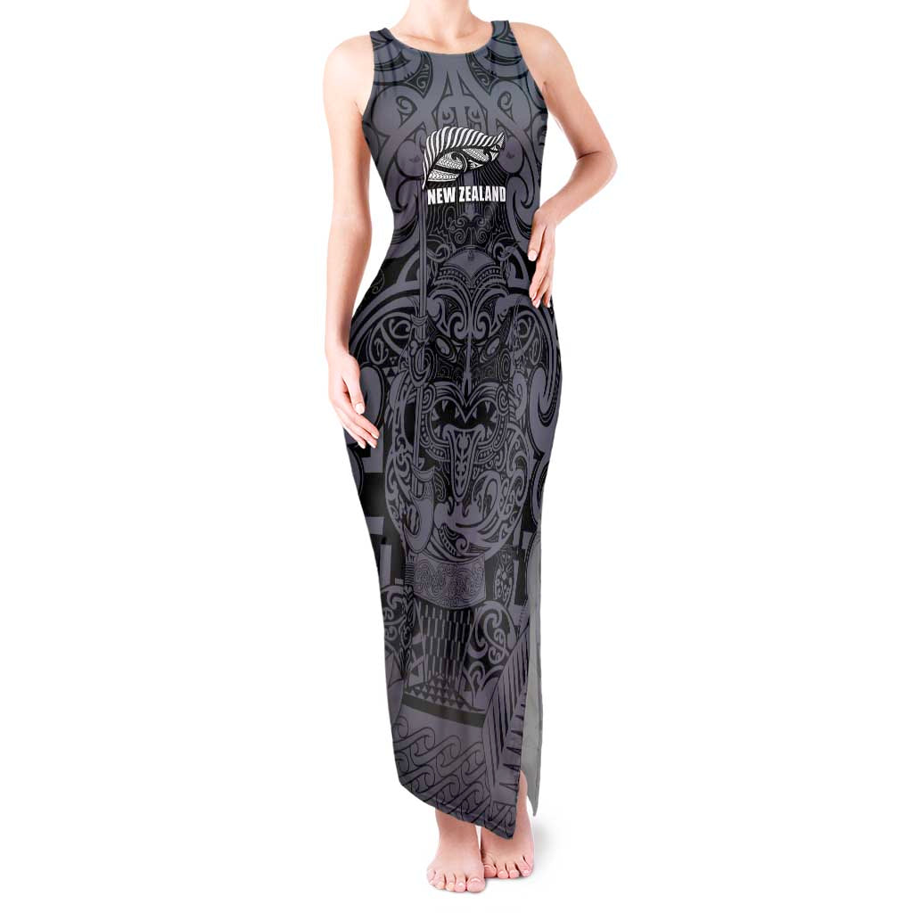 Custom New Zealand Taiaha Maori Tank Maxi Dress Minimalist Silver Fern All Black - Polynesian Pride