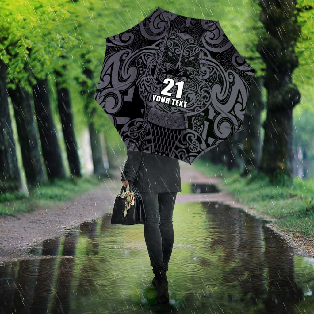 Custom New Zealand Taiaha Maori Umbrella Minimalist Silver Fern All Black - Polynesian Pride