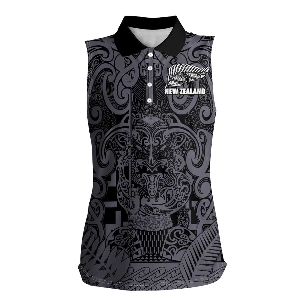 Custom New Zealand Taiaha Maori Women Sleeveless Polo Shirt Minimalist Silver Fern All Black LT9 Female Black - Polynesian Pride