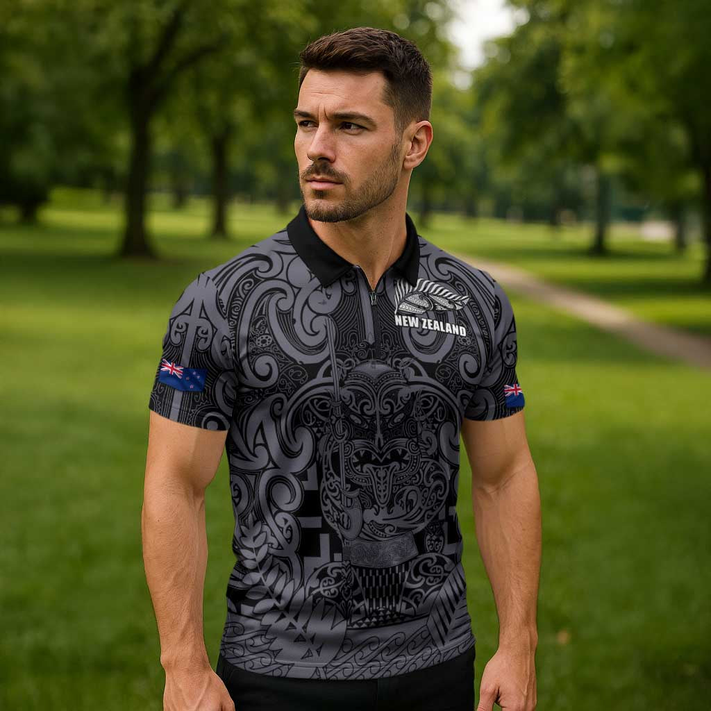 Custom New Zealand Taiaha Maori Zipper Polo Shirt Minimalist Silver Fern All Black - Polynesian Pride