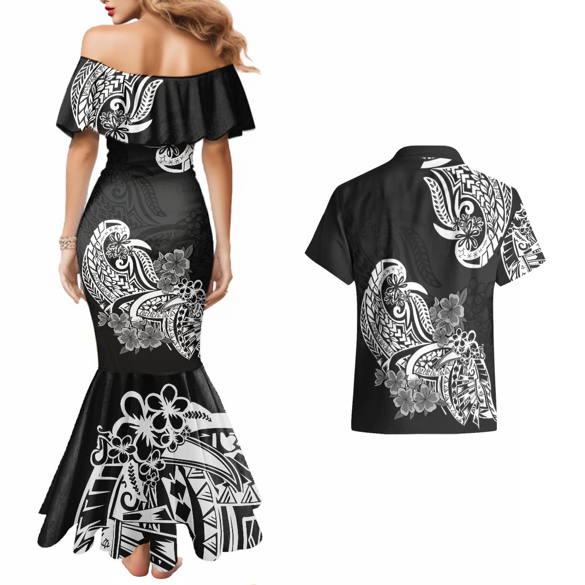 Polynesian Couples Matching Mermaid Dress And Hawaiian Shirt Pacific Flower Mix Floral Tribal Tattoo Black Vibe LT9 - Polynesian Pride
