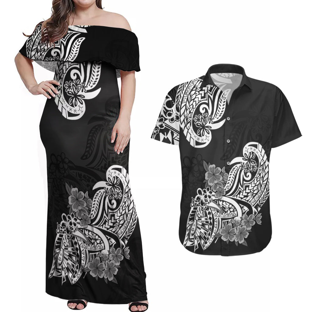 Polynesian Couples Matching Off Shoulder Maxi Dress and Hawaiian Shirt Pacific Flower Mix Floral Tribal Tattoo Black Vibe LT9 Black - Polynesian Pride