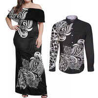 Polynesian Couples Matching Off Shoulder Maxi Dress and Long Sleeve Button Shirts Pacific Flower Mix Floral Tribal Tattoo Black Vibe LT9 Black - Polynesian Pride