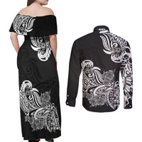 Polynesian Couples Matching Off Shoulder Maxi Dress and Long Sleeve Button Shirts Pacific Flower Mix Floral Tribal Tattoo Black Vibe LT9 - Polynesian Pride