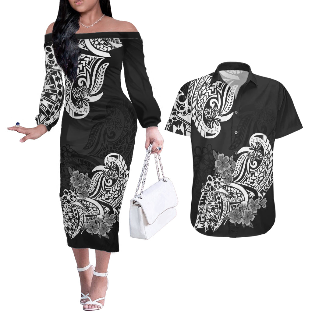 Polynesian Couples Matching Off The Shoulder Long Sleeve Dress and Hawaiian Shirt Pacific Flower Mix Floral Tribal Tattoo Black Vibe LT9 Black - Polynesian Pride