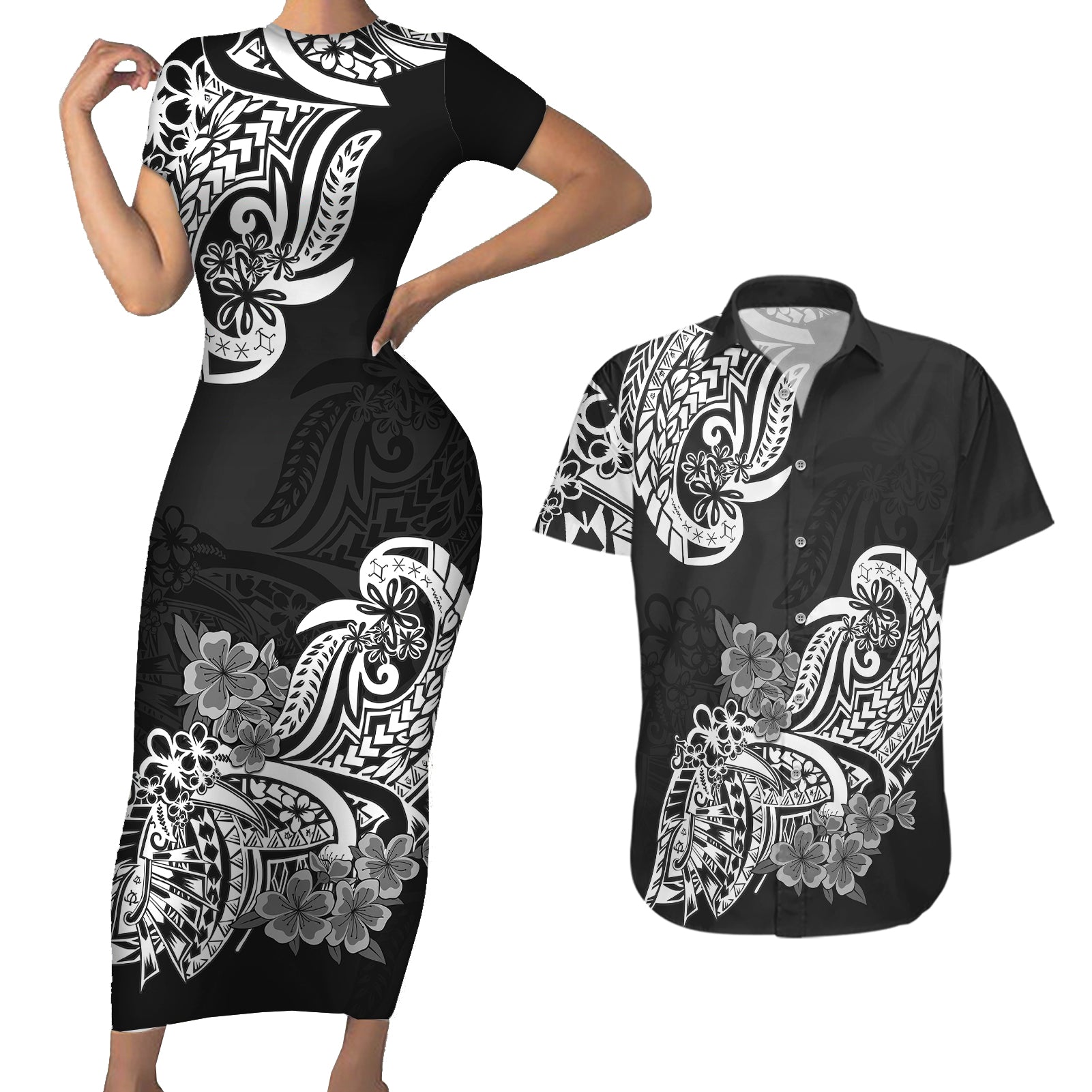 Polynesian Couples Matching Short Sleeve Bodycon Dress and Hawaiian Shirt Pacific Flower Mix Floral Tribal Tattoo Black Vibe LT9 Black - Polynesian Pride