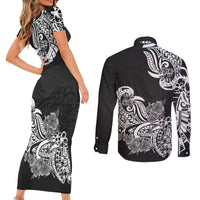 Polynesian Couples Matching Short Sleeve Bodycon Dress and Long Sleeve Button Shirts Pacific Flower Mix Floral Tribal Tattoo Black Vibe LT9 - Polynesian Pride