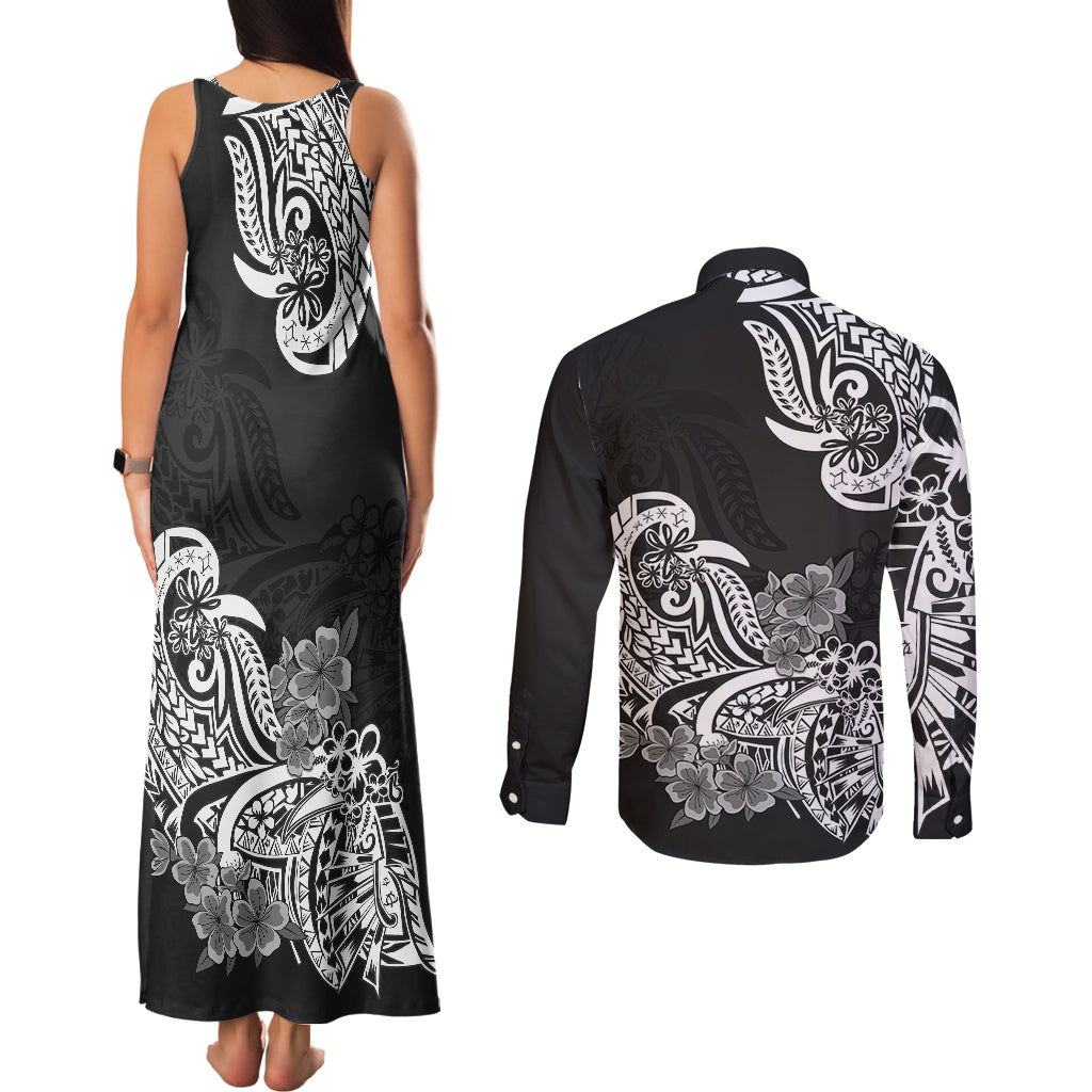 Polynesian Couples Matching Tank Maxi Dress and Long Sleeve Button Shirts Pacific Flower Mix Floral Tribal Tattoo Black Vibe LT9 - Polynesian Pride