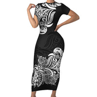 Polynesian Short Sleeve Bodycon Dress Pacific Flower Mix Floral Tribal Tattoo Black Vibe LT9