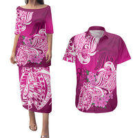 Polynesian Couples Matching Puletasi Dress and Hawaiian Shirt Pacific Flower Mix Floral Tribal Tattoo Pink Vibe LT9 Pink - Polynesian Pride