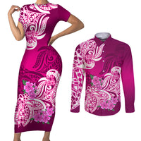 Polynesian Couples Matching Short Sleeve Bodycon Dress and Long Sleeve Button Shirts Pacific Flower Mix Floral Tribal Tattoo Pink Vibe LT9 Pink - Polynesian Pride