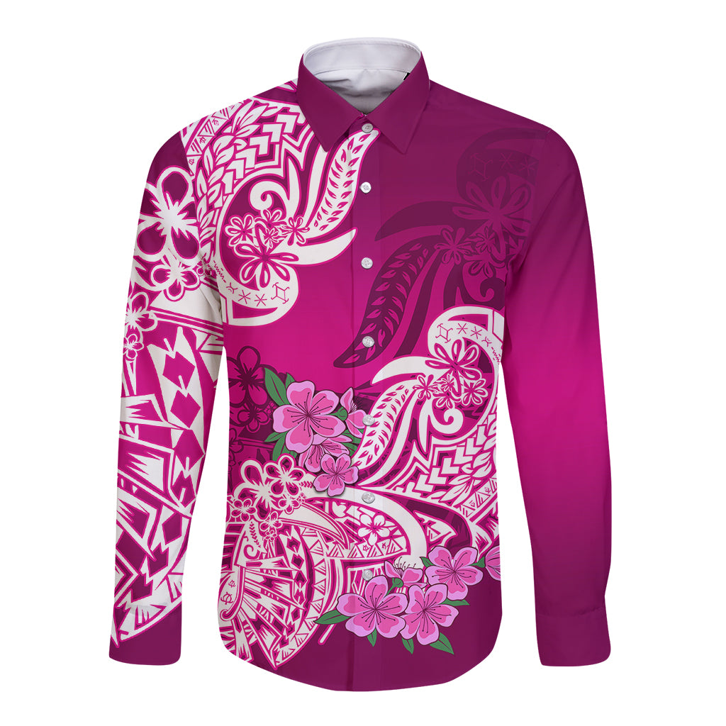 Polynesian Long Sleeve Button Shirt Pacific Flower Mix Floral Tribal Tattoo Pink Vibe LT9 Unisex Pink - Polynesian Pride