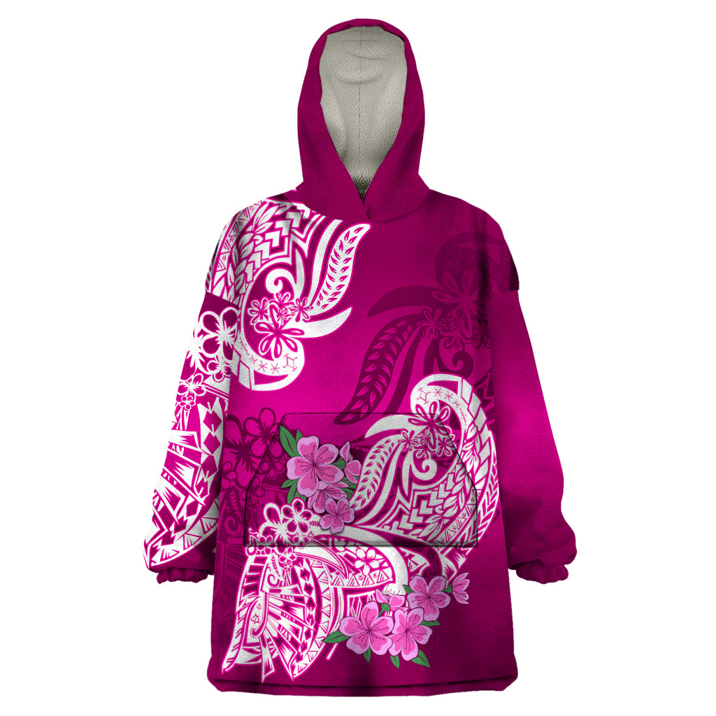 Polynesian Wearable Blanket Hoodie Pacific Flower Mix Floral Tribal Tattoo Pink Vibe LT9 One Size Pink - Polynesian Pride