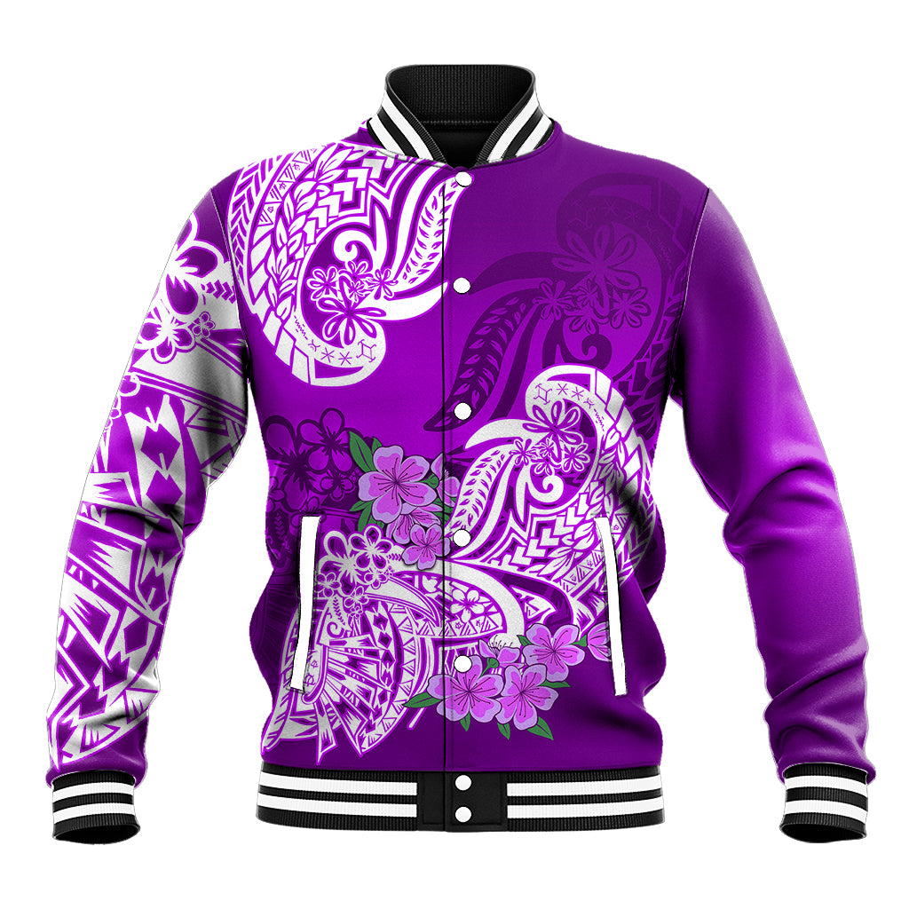 Polynesian Baseball Jacket Pacific Flower Mix Floral Tribal Tattoo Purple Vibe LT9 Unisex Purple - Polynesian Pride