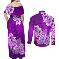Polynesian Couples Matching Off Shoulder Maxi Dress and Long Sleeve Button Shirts Pacific Flower Mix Floral Tribal Tattoo Purple Vibe LT9 - Polynesian Pride