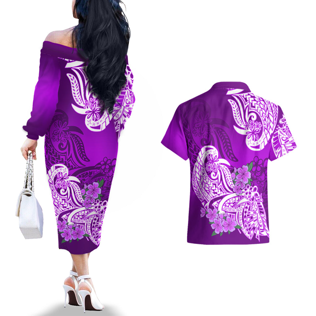 Polynesian Couples Matching Off The Shoulder Long Sleeve Dress and Hawaiian Shirt Pacific Flower Mix Floral Tribal Tattoo Purple Vibe LT9 - Polynesian Pride