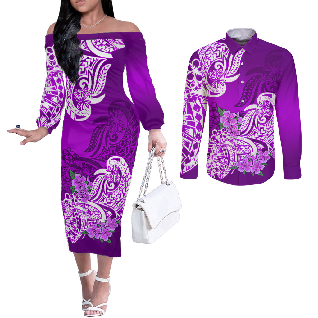 Polynesian Couples Matching Off The Shoulder Long Sleeve Dress and Long Sleeve Button Shirts Pacific Flower Mix Floral Tribal Tattoo Purple Vibe LT9 Purple - Polynesian Pride