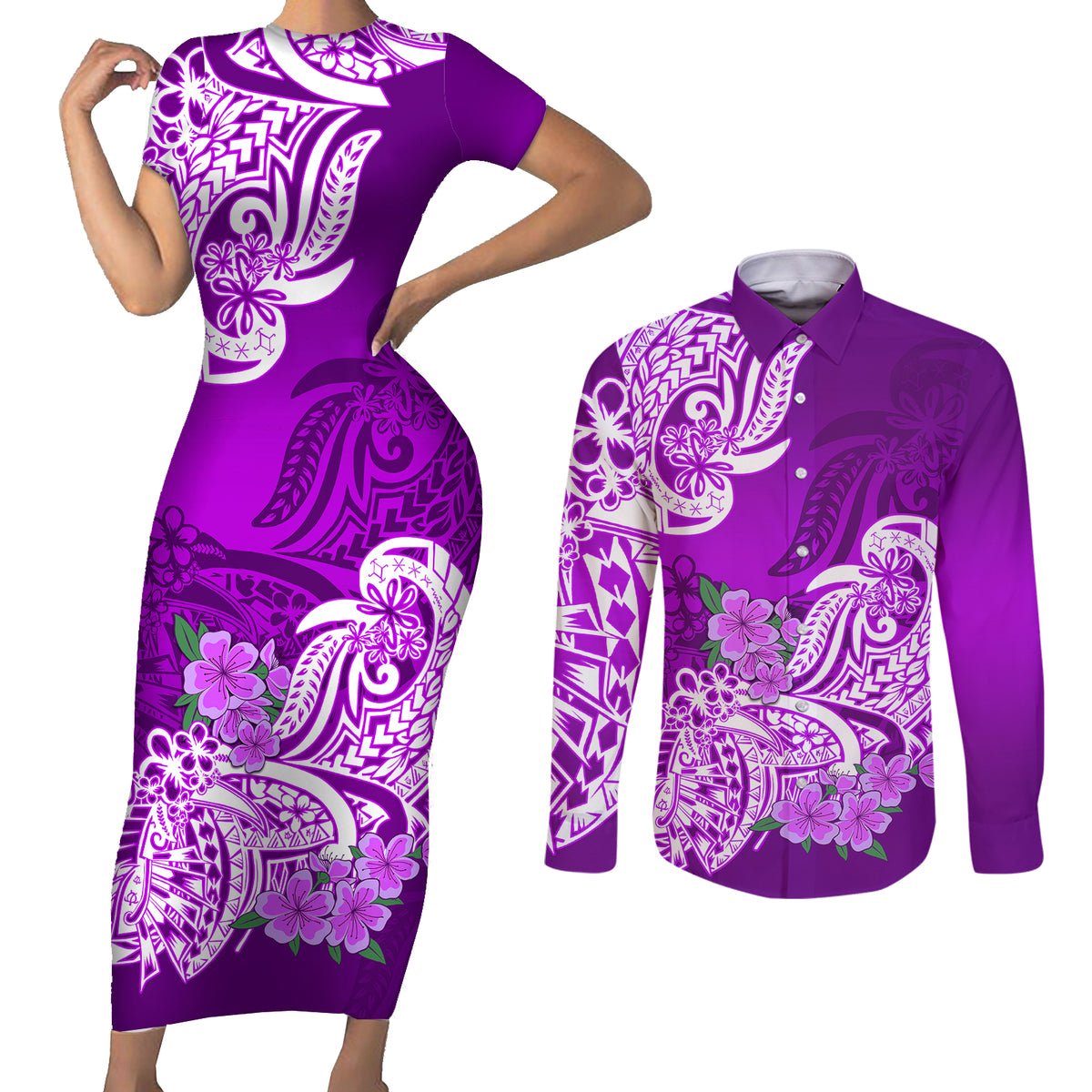 Polynesian Couples Matching Short Sleeve Bodycon Dress and Long Sleeve Button Shirts Pacific Flower Mix Floral Tribal Tattoo Purple Vibe LT9 Purple - Polynesian Pride