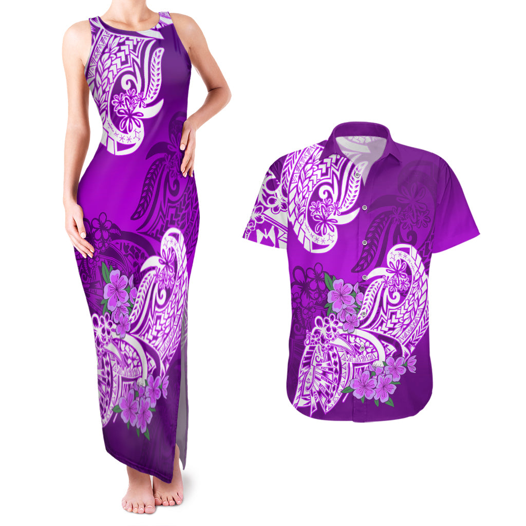 Polynesian Couples Matching Tank Maxi Dress And Hawaiian Shirt Pacific Flower Mix Floral Tribal Tattoo Purple Vibe LT9 Purple - Polynesian Pride