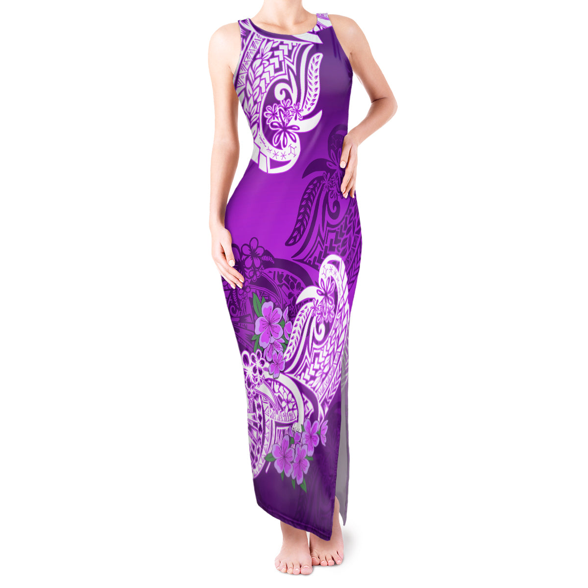 Polynesian Tank Maxi Dress Pacific Flower Mix Floral Tribal Tattoo Purple Vibe LT9 Women Purple - Polynesian Pride