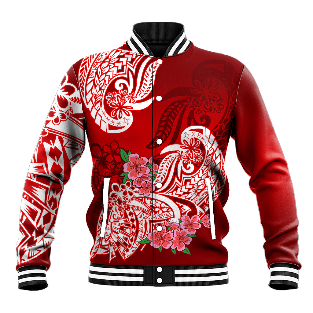 Polynesian Baseball Jacket Pacific Flower Mix Floral Tribal Tattoo Red Vibe LT9 Unisex Red - Polynesian Pride