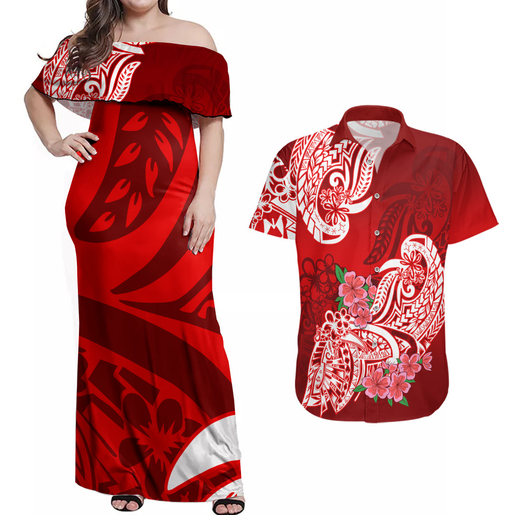 Polynesian Couples Matching Off Shoulder Maxi Dress and Hawaiian Shirt Pacific Flower Mix Floral Tribal Tattoo Red Vibe LT9 Red - Polynesian Pride