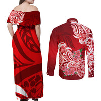 Polynesian Couples Matching Off Shoulder Maxi Dress and Long Sleeve Button Shirts Pacific Flower Mix Floral Tribal Tattoo Red Vibe LT9 - Polynesian Pride