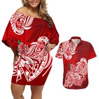 Polynesian Couples Matching Off Shoulder Short Dress and Hawaiian Shirt Pacific Flower Mix Floral Tribal Tattoo Red Vibe LT9 Red - Polynesian Pride